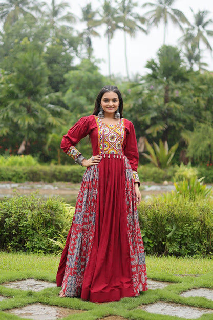 Maroon Color 14 Kg Reyon With Kutchi Gamthi Work Navratri Collection Gown