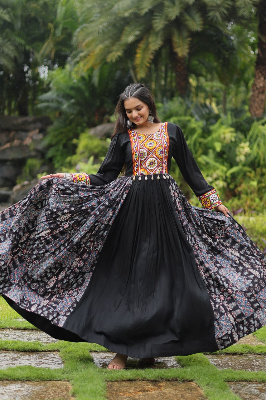 Black Color 14 Kg Reyon With Kutchi Gamthi Work Navratri Collection Gown