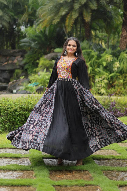 Black Color 14 Kg Reyon With Kutchi Gamthi Work Navratri Collection Gown