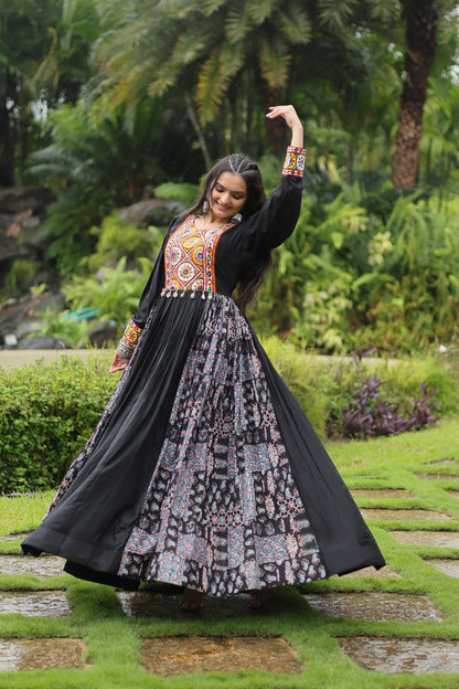 Black Color 14 Kg Reyon With Kutchi Gamthi Work Navratri Collection Gown