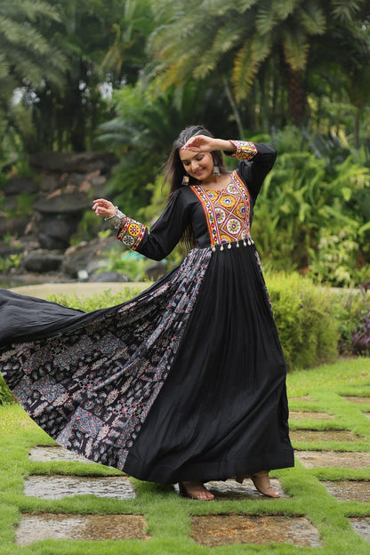 Black Color 14 Kg Reyon With Kutchi Gamthi Work Navratri Collection Gown