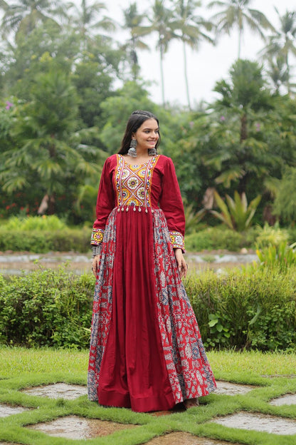 Maroon Color 14 Kg Reyon With Kutchi Gamthi Work Navratri Collection Gown