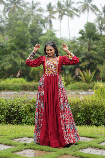 Maroon Color 14 Kg Reyon With Kutchi Gamthi Work Navratri Collection Gown