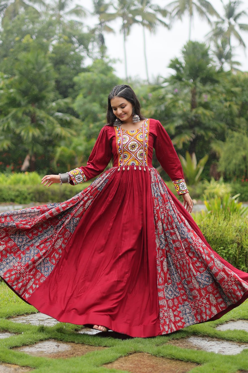 Maroon Color 14 Kg Reyon With Kutchi Gamthi Work Navratri Collection Gown