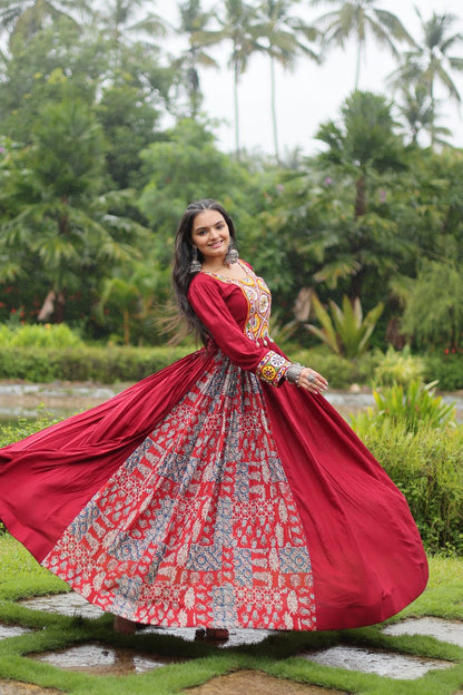 Maroon Color 14 Kg Reyon With Kutchi Gamthi Work Navratri Collection Gown