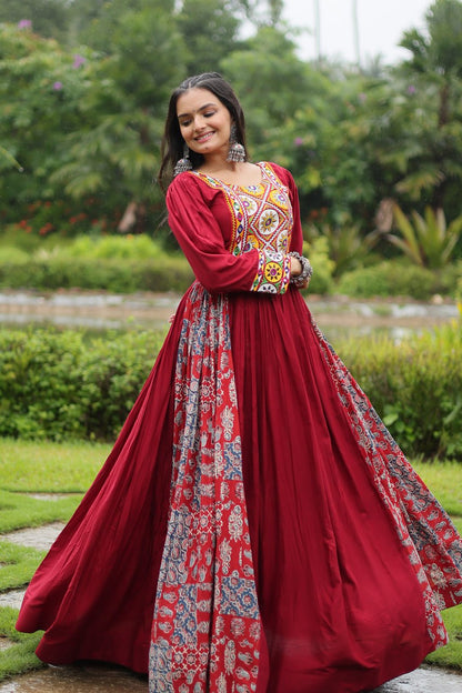 Maroon Color 14 Kg Reyon With Kutchi Gamthi Work Navratri Collection Gown