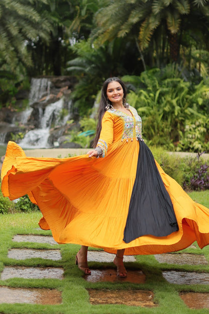 Yellow Color 14 Kg Reyon With Kutchi Gamthi Work Navratri Gown