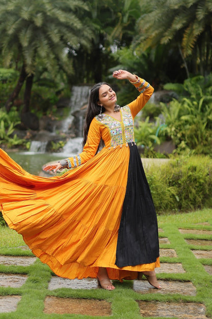 Yellow Color 14 Kg Reyon With Kutchi Gamthi Work Navratri Gown