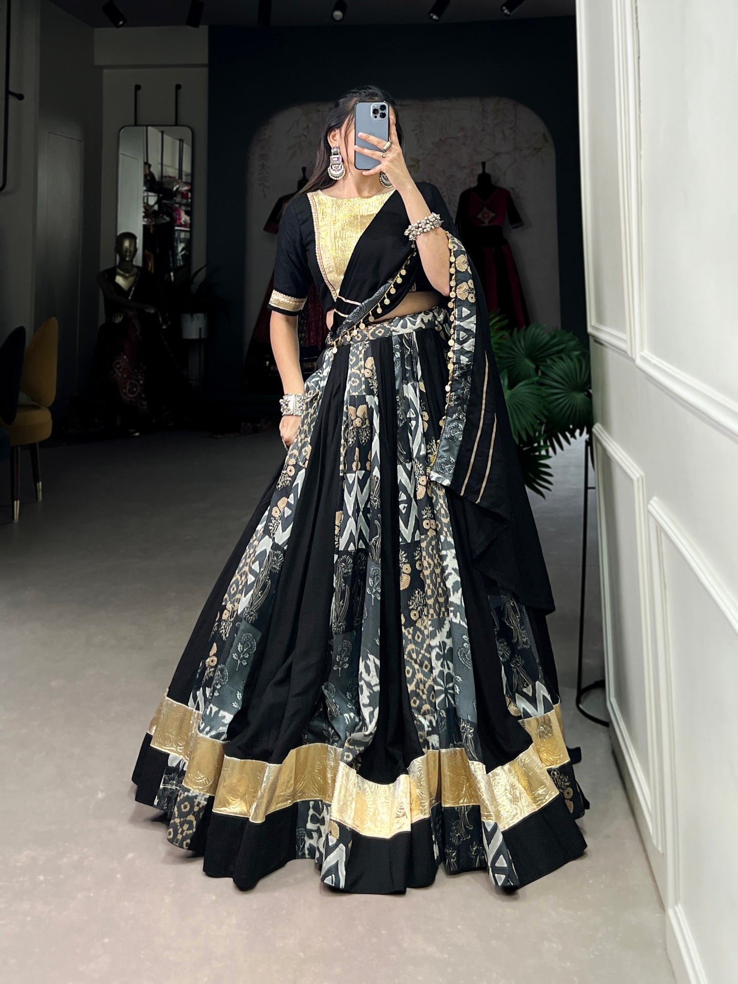 Black Color Rayon With Tussar Silk Plain And Printed With Embossed Design Navratri Lehenga Choli