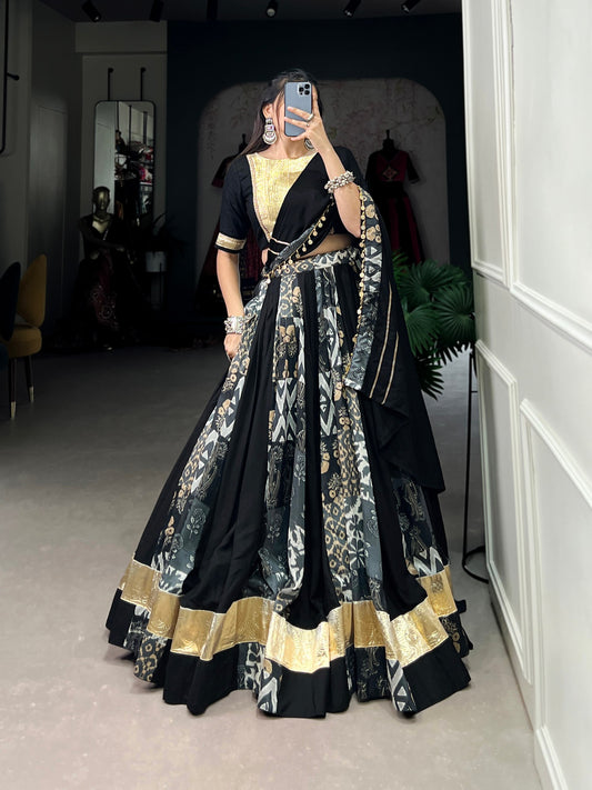 Black Color Rayon With Tussar Silk Plain And Printed With Embossed Design Navratri Lehenga Choli