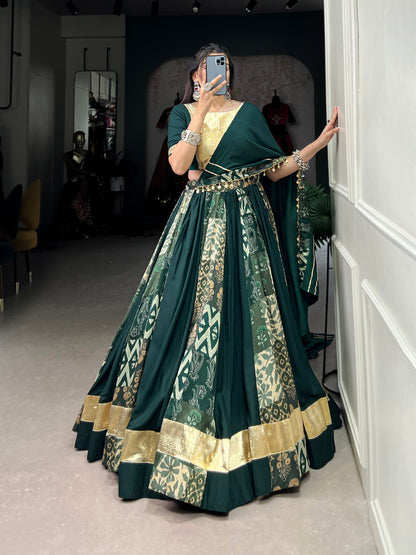 Green Color Rayon With Tussar Silk Plain And Printed With Embossed Design Navratri Lehenga Choli