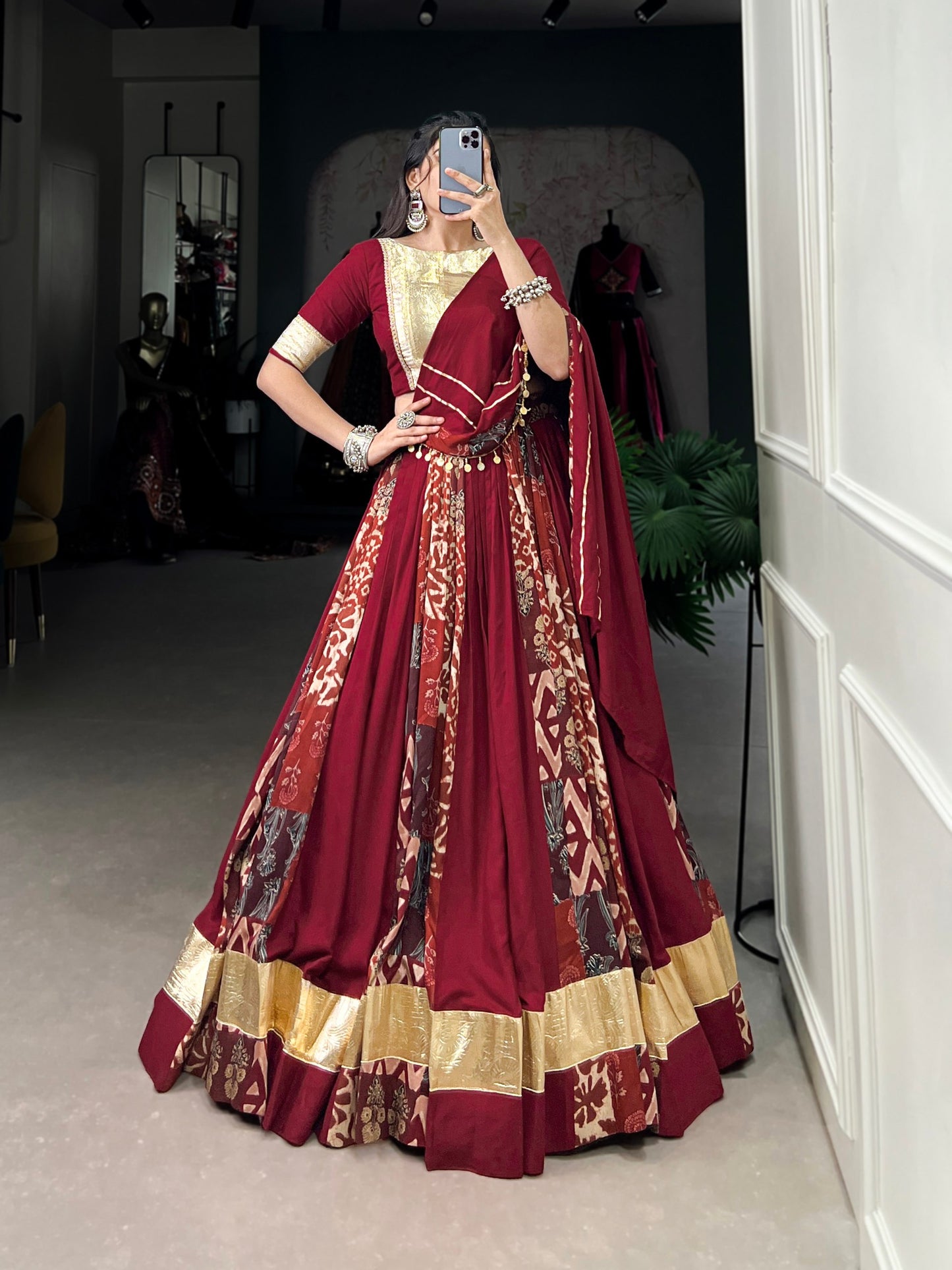 Maroon Color Rayon With Tussar Silk Plain And Printed With Embossed Design Navratri Lehenga Choli