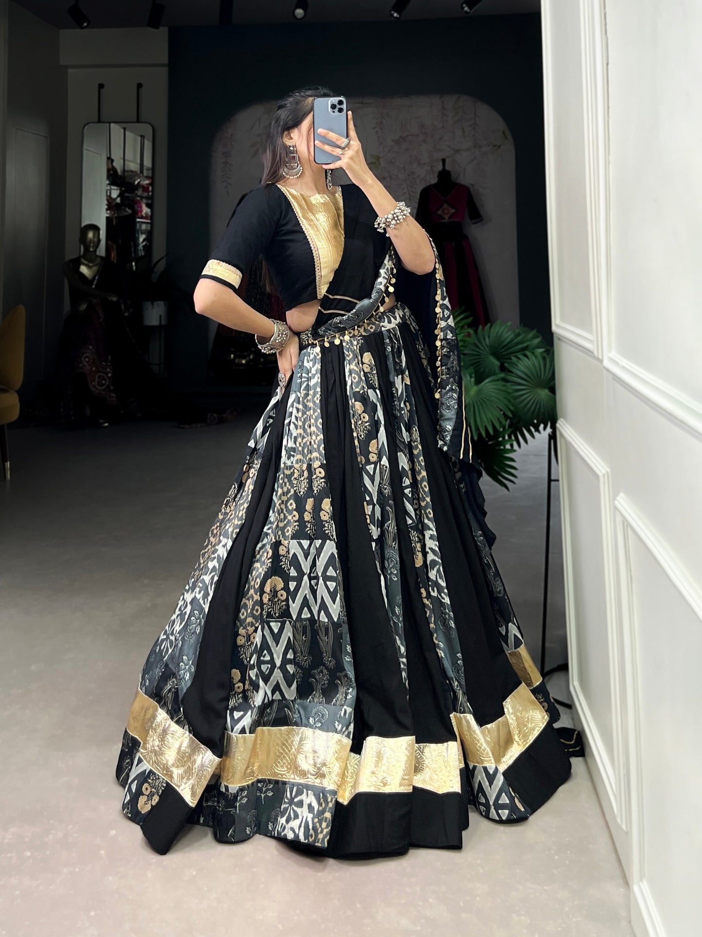 Black Color Rayon With Tussar Silk Plain And Printed With Embossed Design Navratri Lehenga Choli