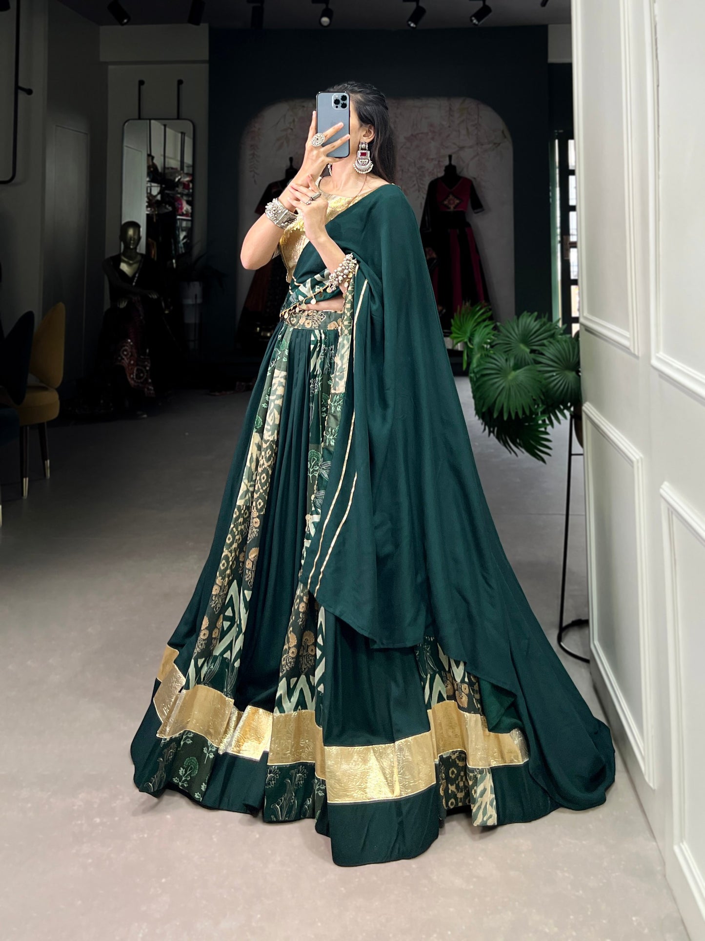 Green Color Rayon With Tussar Silk Plain And Printed With Embossed Design Navratri Lehenga Choli