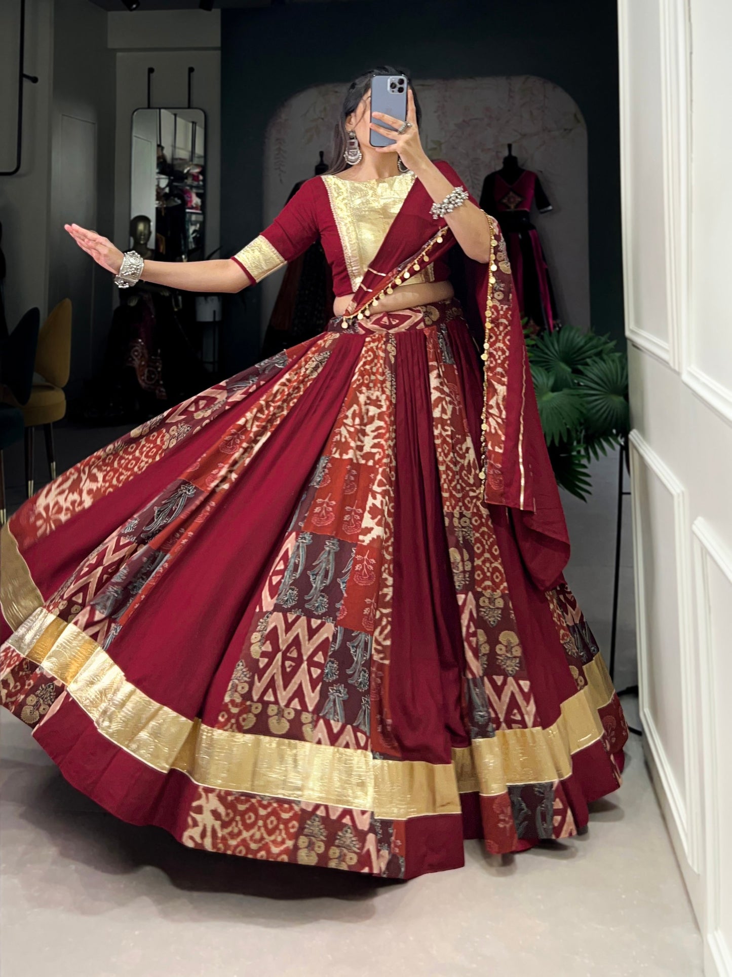 Maroon Color Rayon With Tussar Silk Plain And Printed With Embossed Design Navratri Lehenga Choli