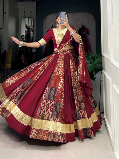 Maroon Color Rayon With Tussar Silk Plain And Printed With Embossed Design Navratri Lehenga Choli