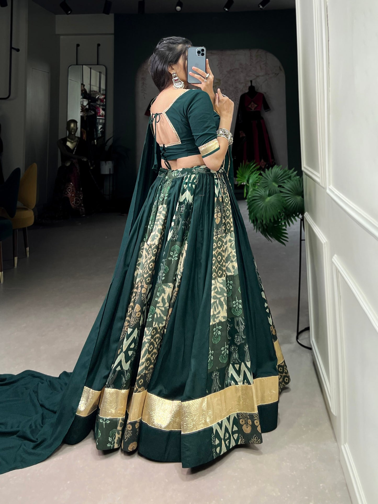 Green Color Rayon With Tussar Silk Plain And Printed With Embossed Design Navratri Lehenga Choli