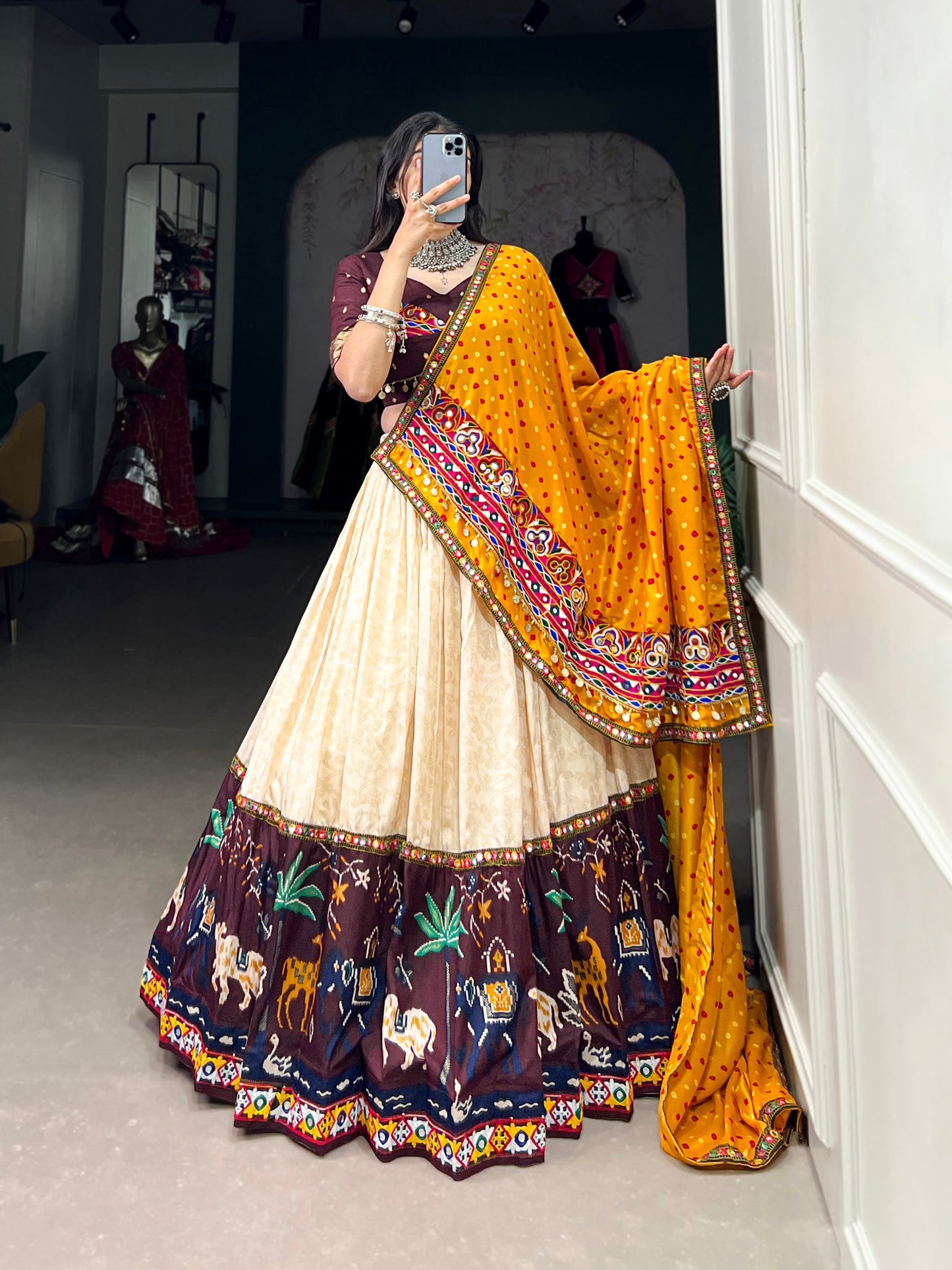 Wine Color Dola Silk Printed With Foil And Original Mirror Gamthi Work Navratri Lehenga Choli