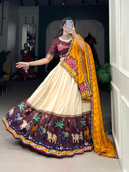 Wine Color Dola Silk Printed With Foil And Original Mirror Gamthi Work Navratri Lehenga Choli