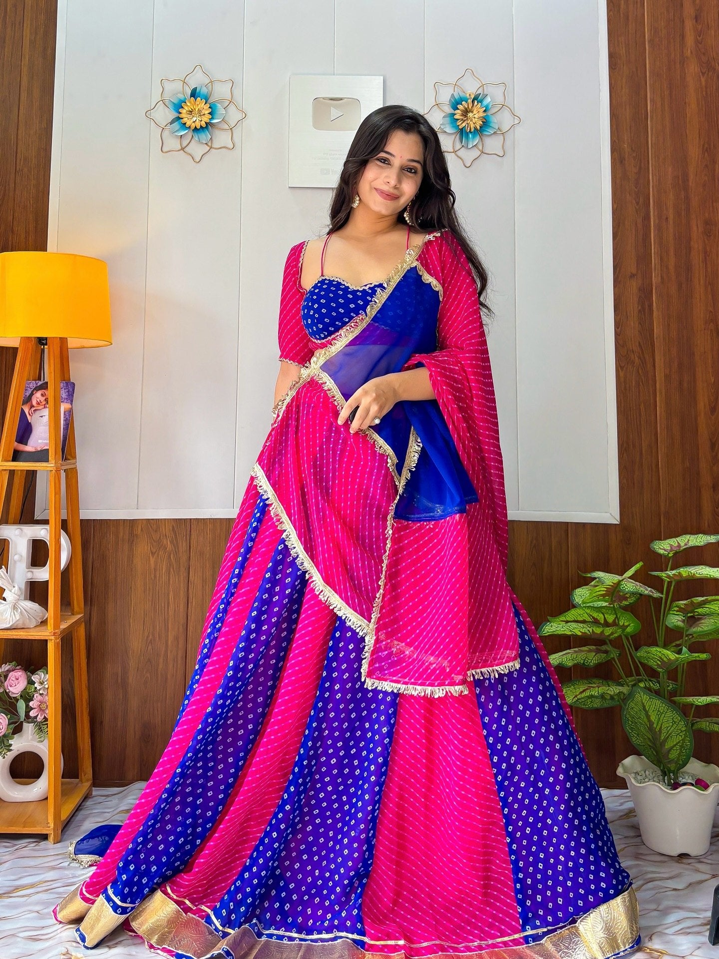 Rani Pink & Royal Blue Heavy Faux Georgette Bandhej Print Lampi Lace Work Lehenga Choli Set
