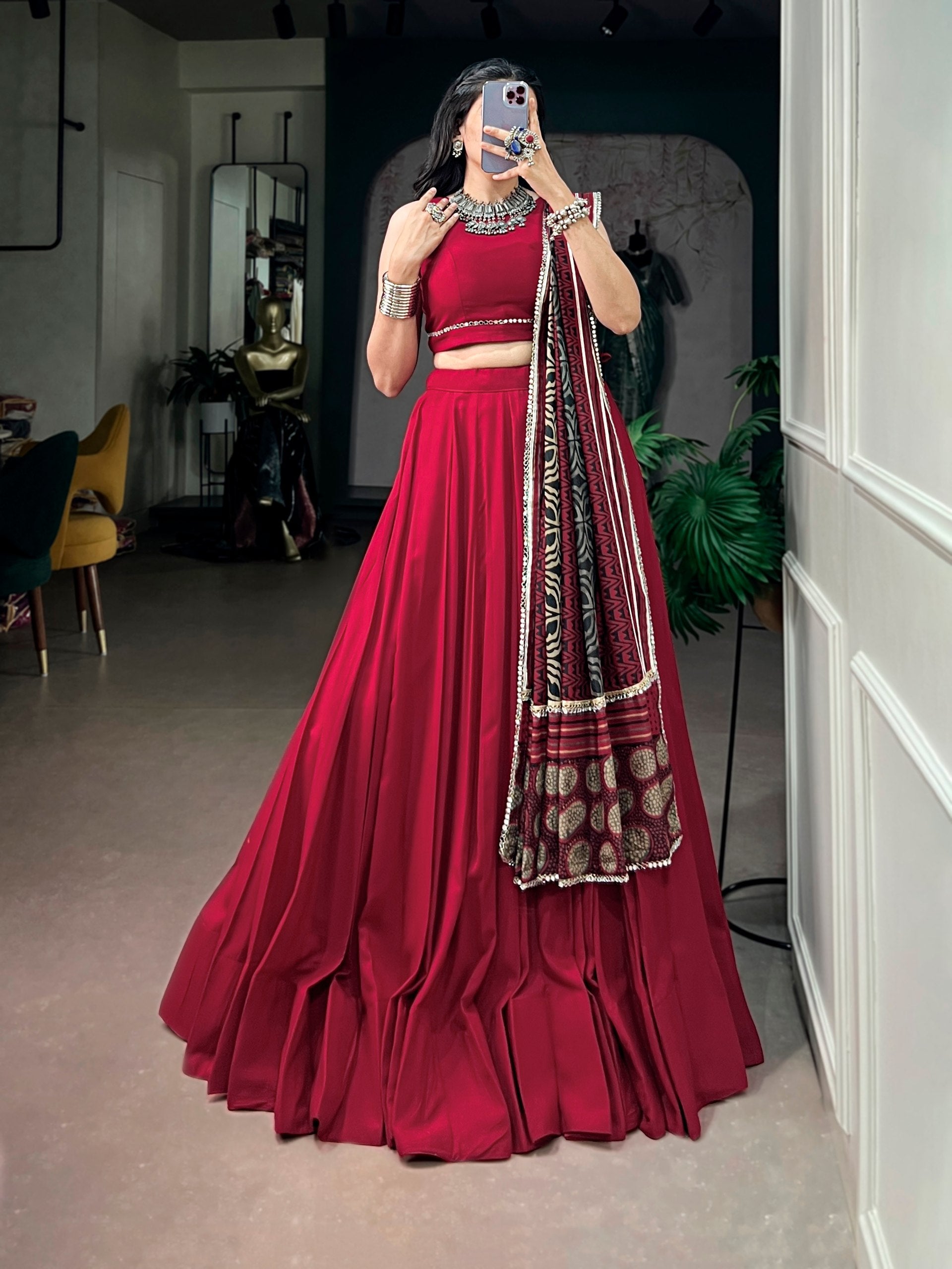 Maroon Red Fendi Silk Flared Lehenga Choli Set with Sleeveless Blouse & Printed Ajrakh-Inspired Dupatta with Mirror Lace