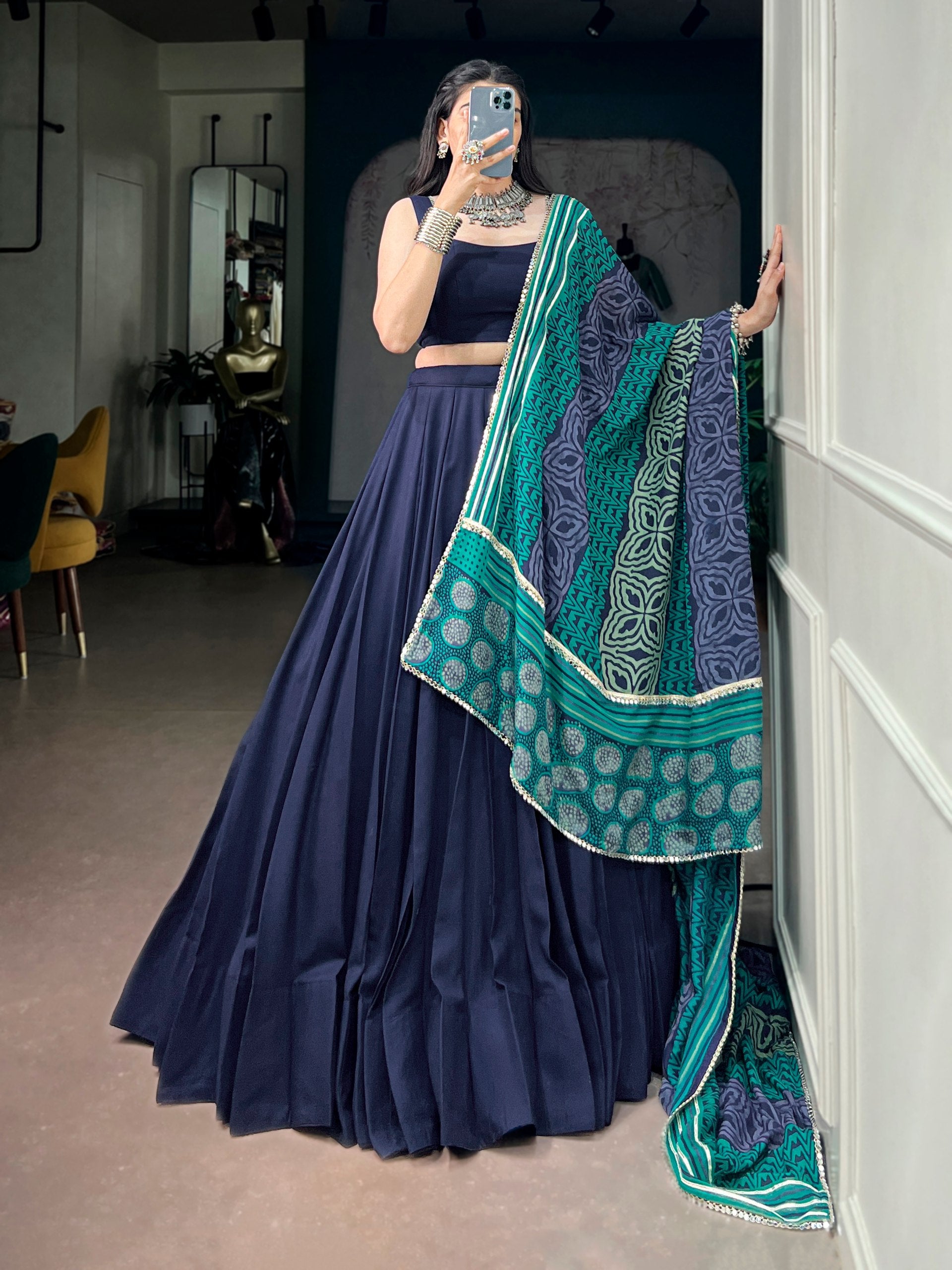 Navy Blue Fendi Silk Flared Lehenga Choli Set with Square Neck Blouse & Printed Multi-Color Dupatta with Mirror Lace