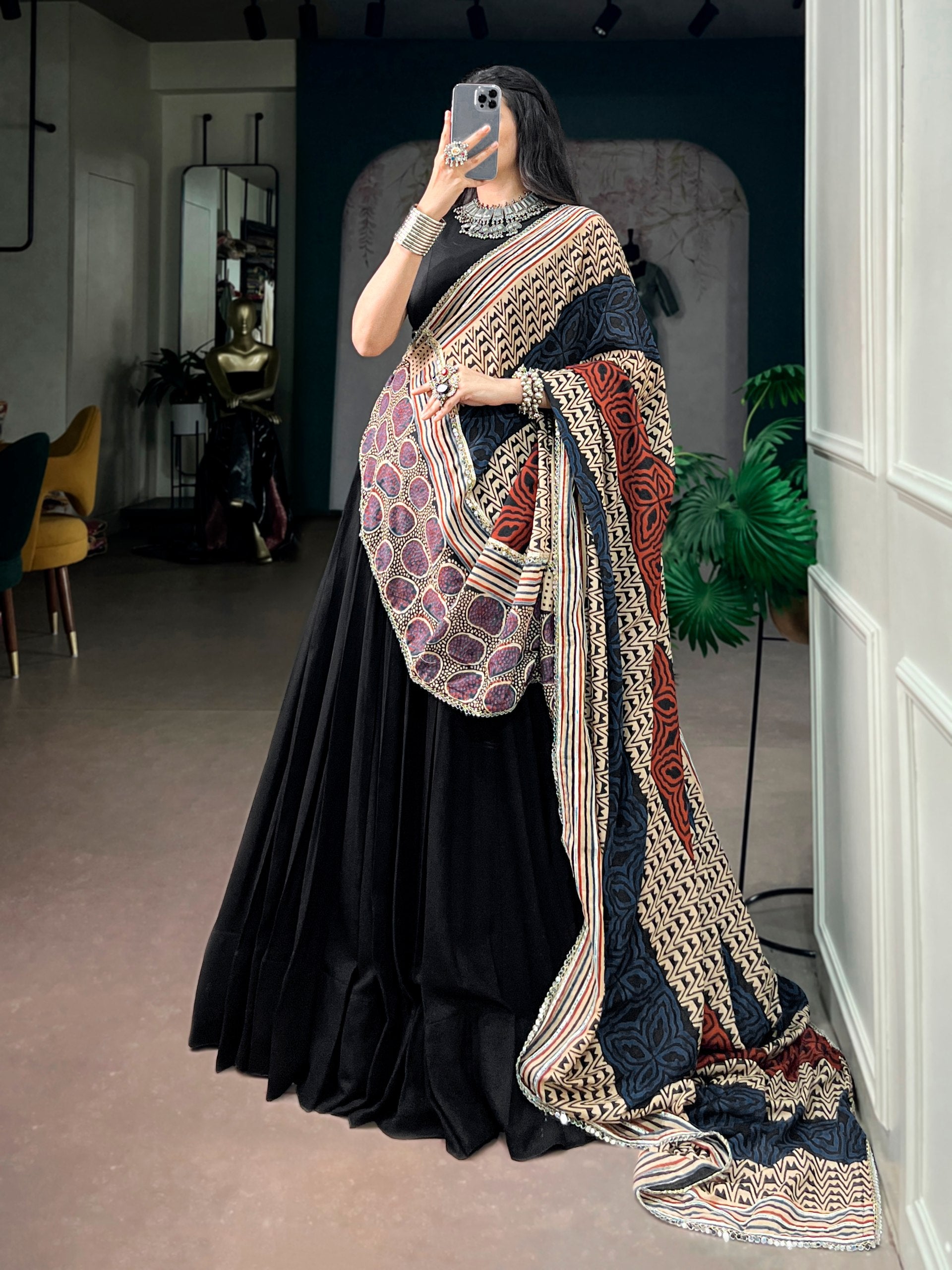 Jet Black Fendi Silk Flared Lehenga Choli Set with Sleeveless Blouse & Printed Kalamkari/Ajrakh-Inspired Dupatta with Mirror
