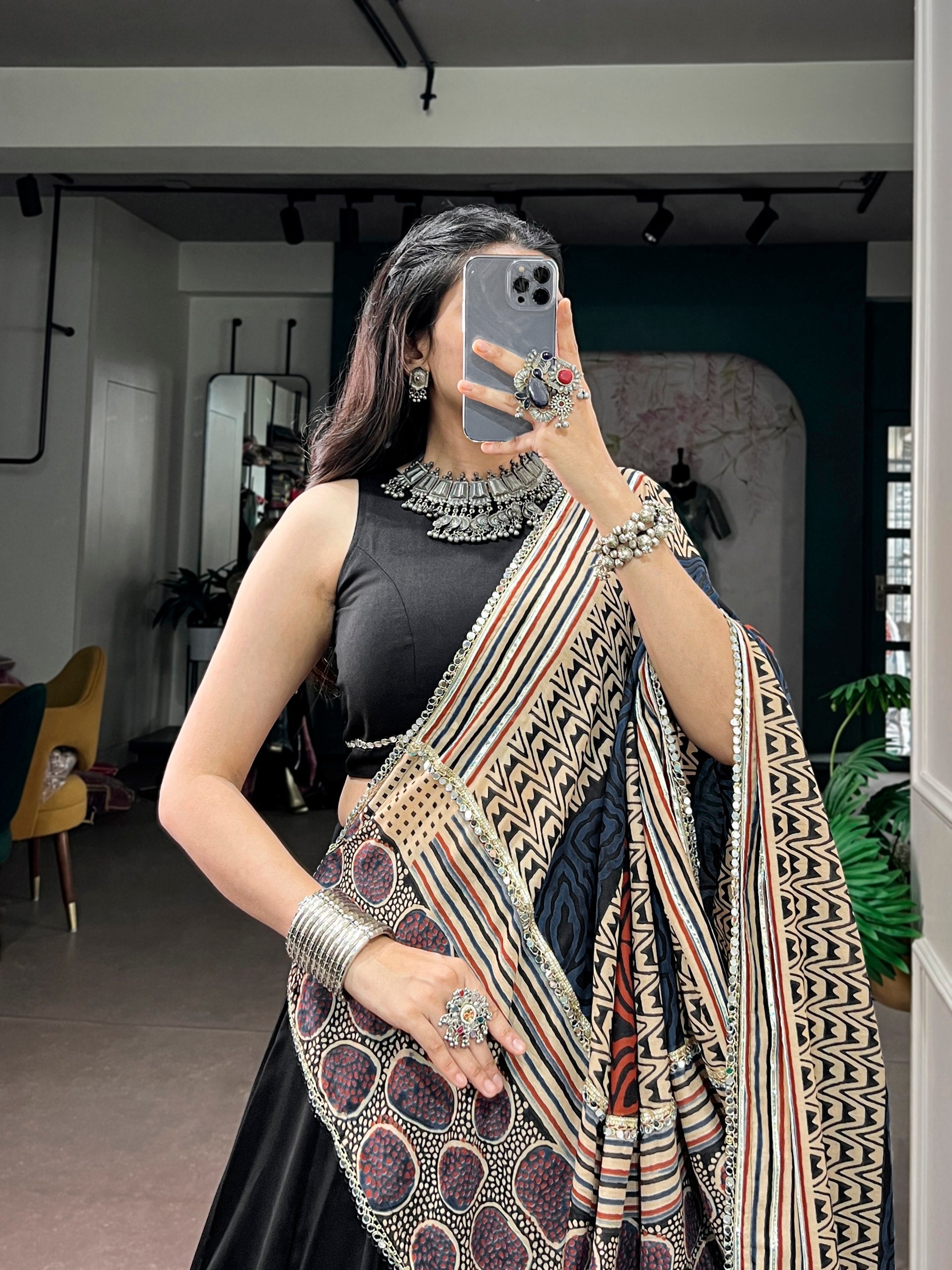 Jet Black Fendi Silk Flared Lehenga Choli Set with Sleeveless Blouse & Printed Kalamkari/Ajrakh-Inspired Dupatta with Mirror