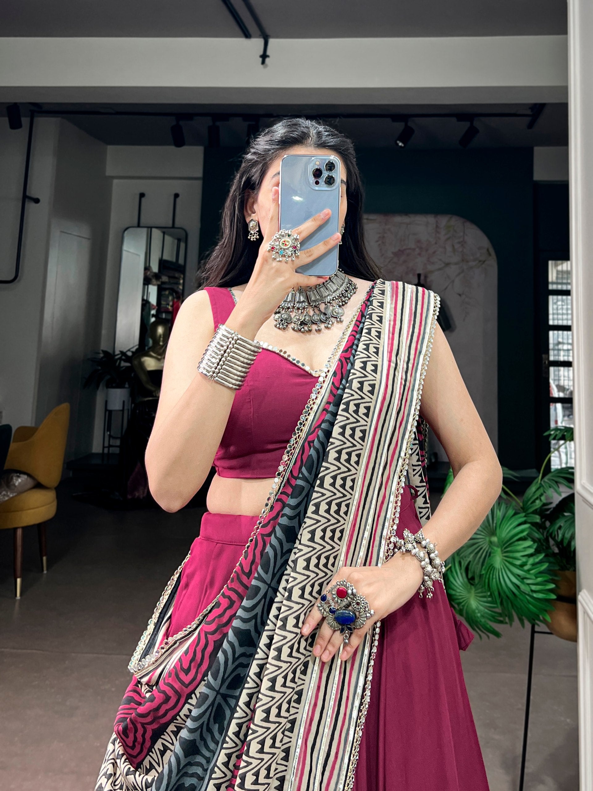 Magenta Plum Fendi Silk Flared Lehenga Choli Set with Sweetheart Neck Blouse & Printed Ajrakh-Inspired Dupatta with Mirror Lace