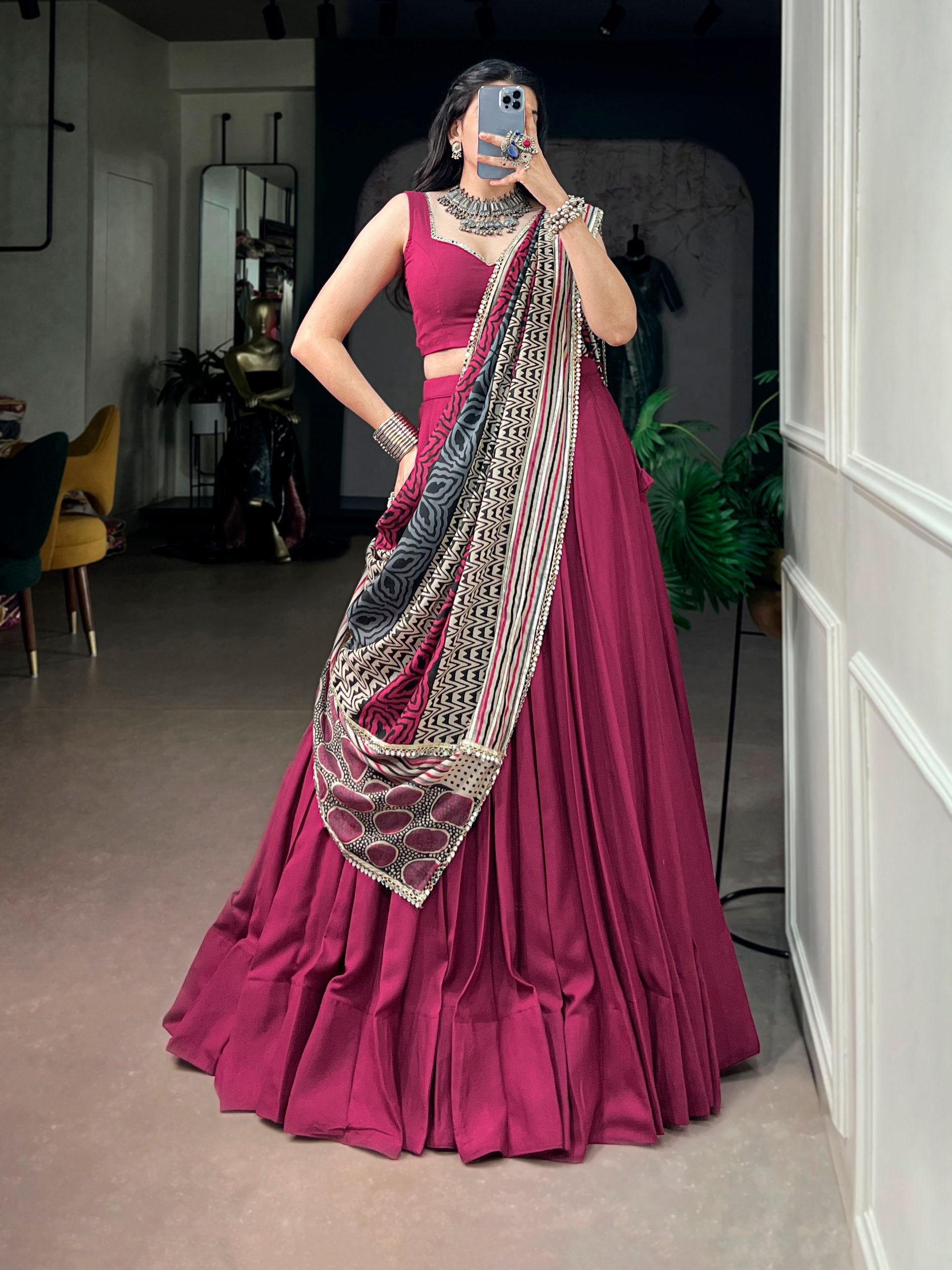 Magenta Plum Fendi Silk Flared Lehenga Choli Set with Sweetheart Neck Blouse & Printed Ajrakh-Inspired Dupatta with Mirror Lace