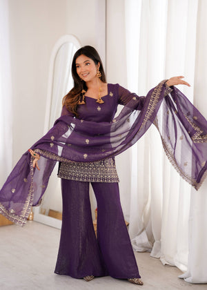 Purple kurti sharara dupatta set with chiffon dupatta
