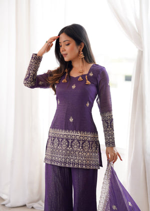 Royal purple embroidered kurti with flared sharara pants
