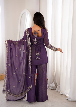 Designer purple sharara suit with heavy gold border
