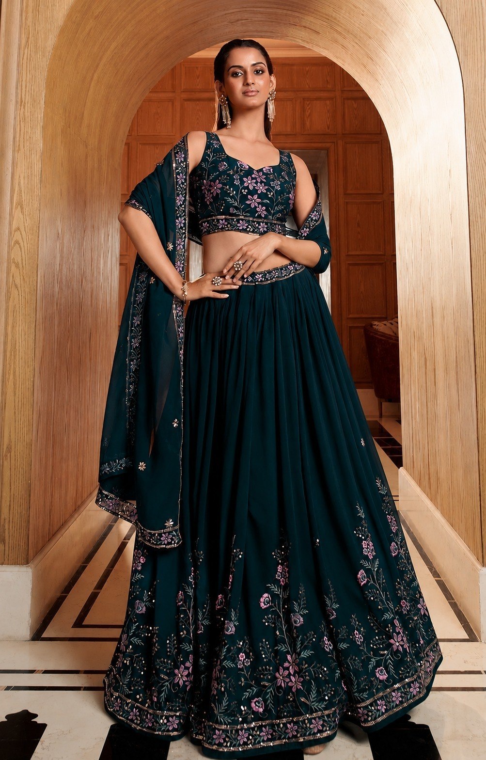 Dark Bottle Green Georgette Flared Lehenga Choli Set with Multi-Color Pink Floral Thread & Sequins Embroidery, Sleeveless Designer Blouse & Embroidered Dupatta