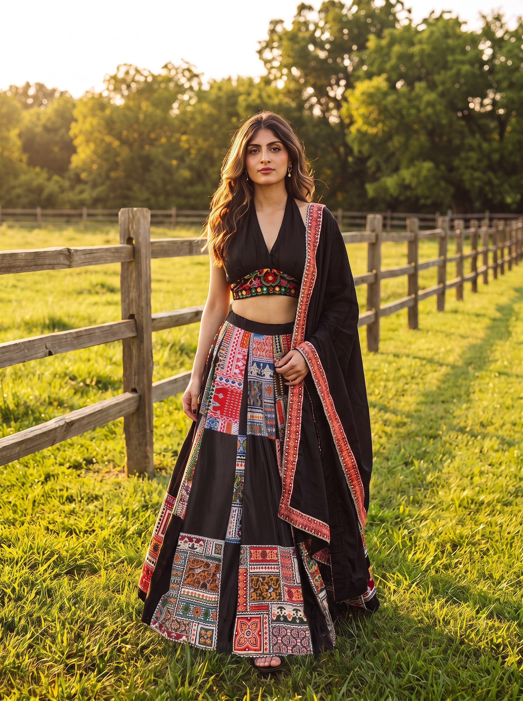 Jet Black French Crepe Navratri Special Flared Lehenga Choli Set with Multi-Color Ajrakh & Patchwork Digital Print, Traditional Kutchi Thread & Mirror Work Halter-Neck Blouse & Border Dupatta