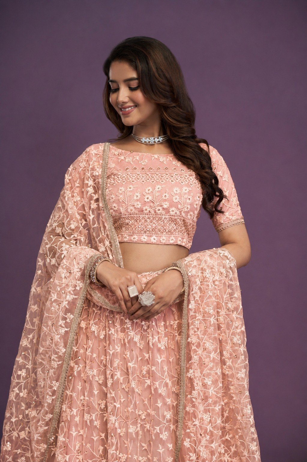Blush Peach Soft Net Flared Semi-Stitched Lehenga Choli Set with Delicate Floral Threadwork, Shimmering Sequins, Boat Neck Choli & Matching Embroidered Dupatta with Cancan & Canvas