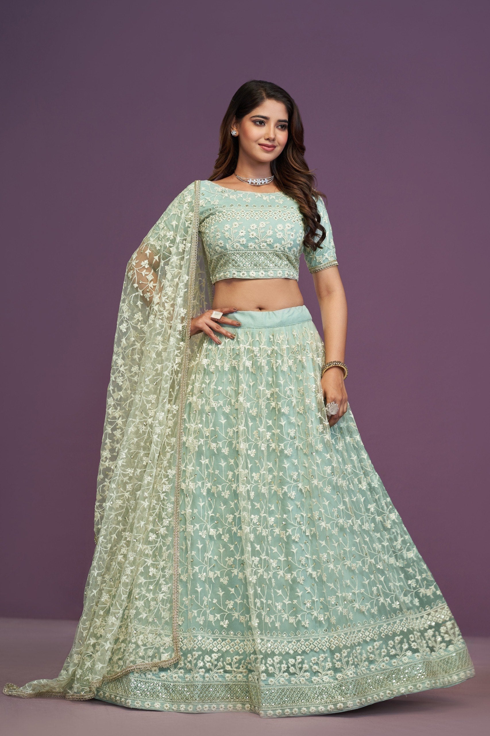 Pastel Mint Green Soft Net Flared Semi-Stitched Lehenga Choli Set with Delicate Floral Threadwork, Shimmering Sequins, Boat Neck Choli & Matching Embroidered Dupatta with Cancan & Canvas
