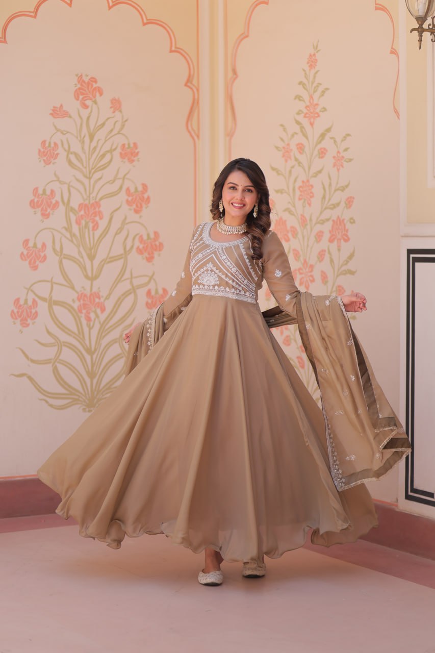 Mocha Taupe Star Georgette Flared Floor-Length Anarkali Gown with Rich Coding, Sequins & Bead Embroidered Bodice and Matching Embroidered Dupatta