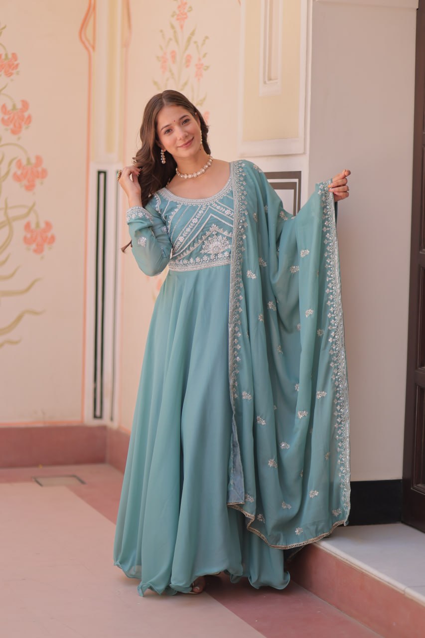 Mocha Taupe Star Georgette Flared Floor-Length Anarkali Gown with Rich Coding, Sequins & Bead Embroidered Bodice and Matching Embroidered Dupatta (Copy)