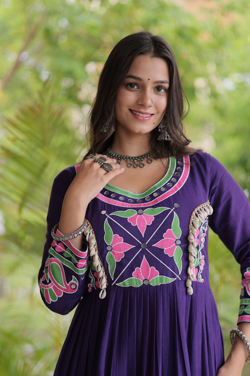 Deep Purple Kora Cotton Navratri Special High-Flare Tiered Gown with Multi-Thread Floral Embroidery, Real Mirror Work & Authentic Cowrie Shell (Codi) Embellishments