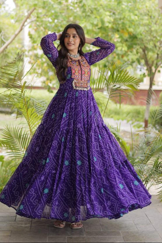 Purple Bandhani Print Faux Georgette Navratri Gown With Kutchi Patchwork & Kodi Shell Work