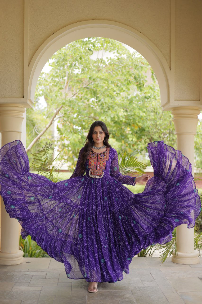 Purple Bandhani Print Faux Georgette Navratri Gown With Kutchi Patchwork & Kodi Shell Work