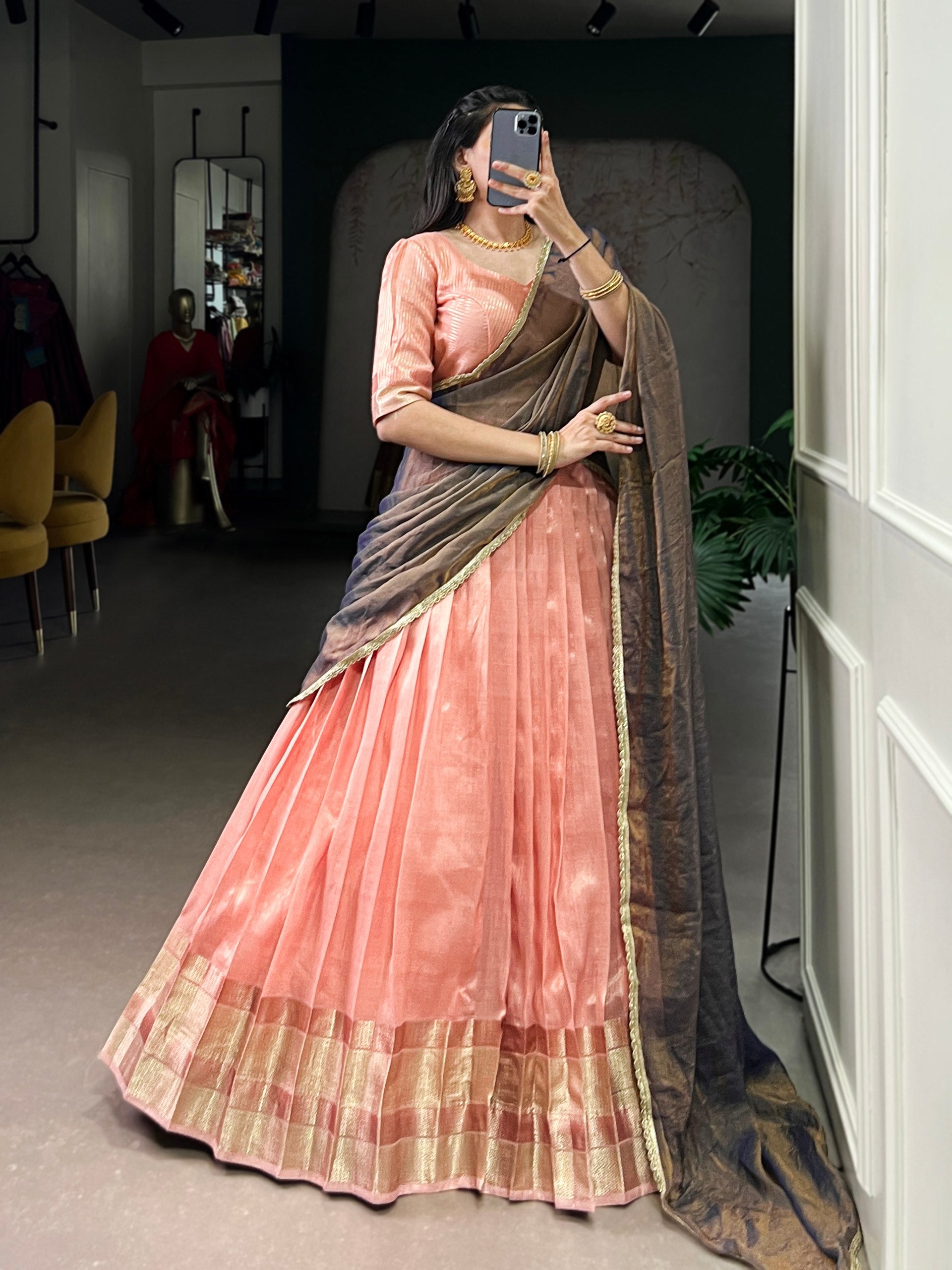 Peach Pink & Metallic Grey Dupion Silk Lehenga Choli Set With Zari Weaving Work