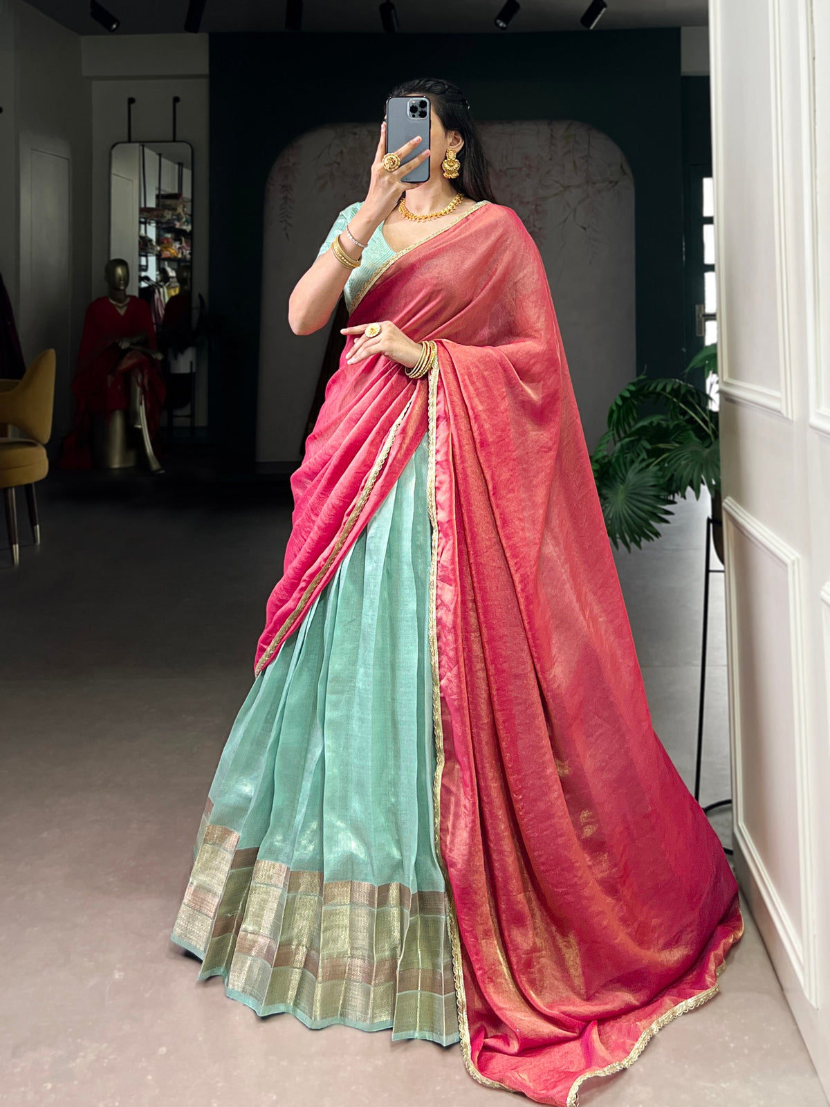 Sea Green & Coral Pink Dupion Silk Lehenga Choli Set With Zari Weaving Work