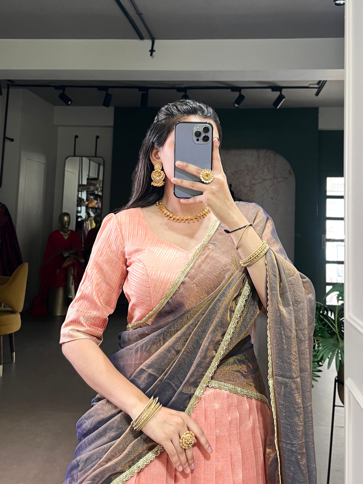Peach Pink & Metallic Grey Dupion Silk Lehenga Choli Set With Zari Weaving Work