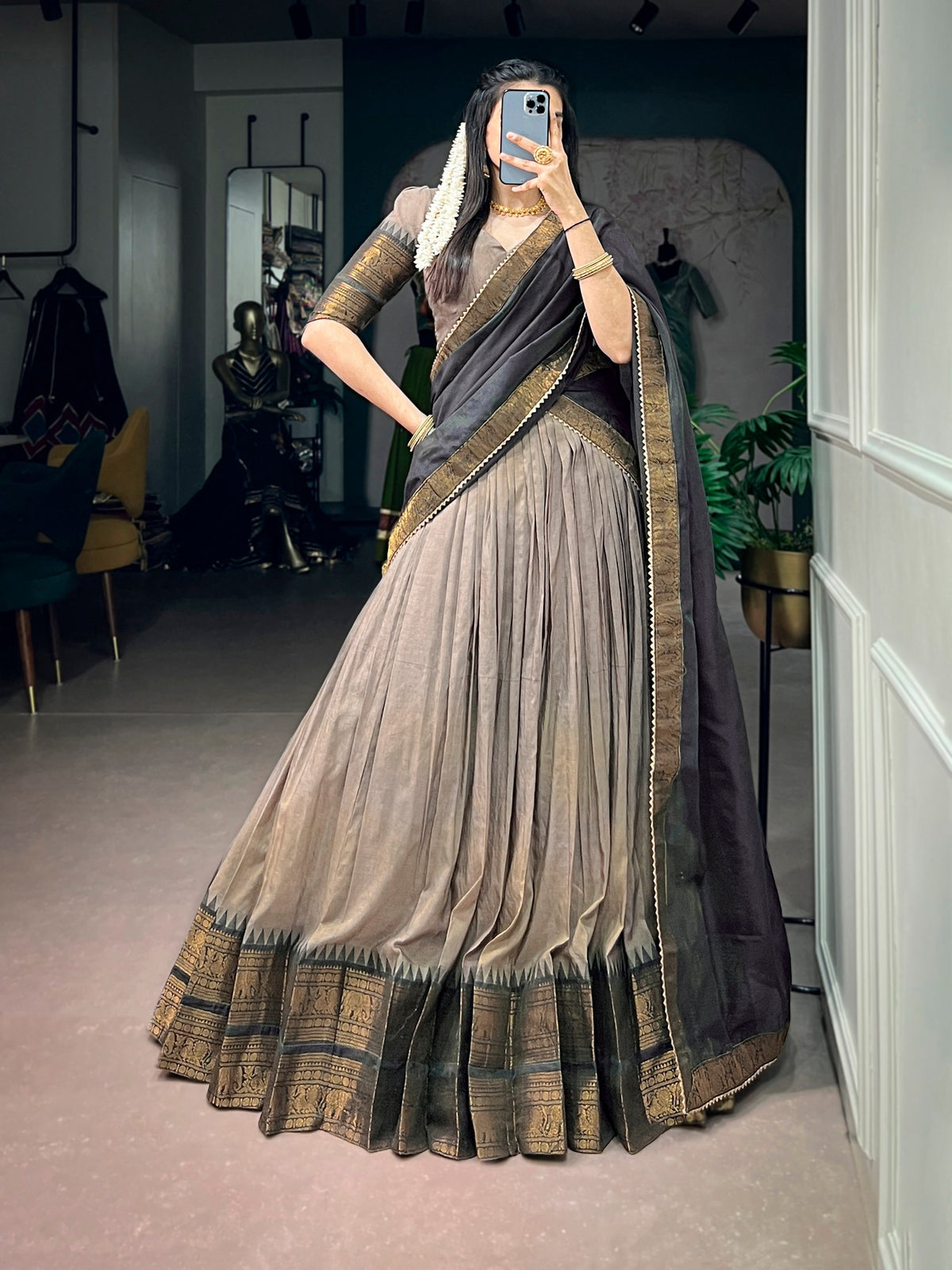 Beige & Charcoal Grey Poly Cotton Lehenga Choli With Zari Woven Border & Canvas Attached