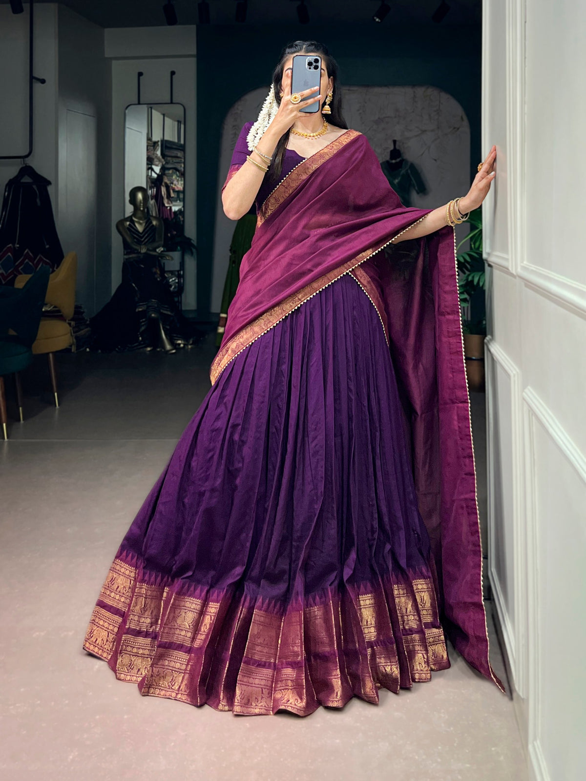 Purple & Magenta Poly Cotton Lehenga Choli With Zari Woven Border & Canvas Attached