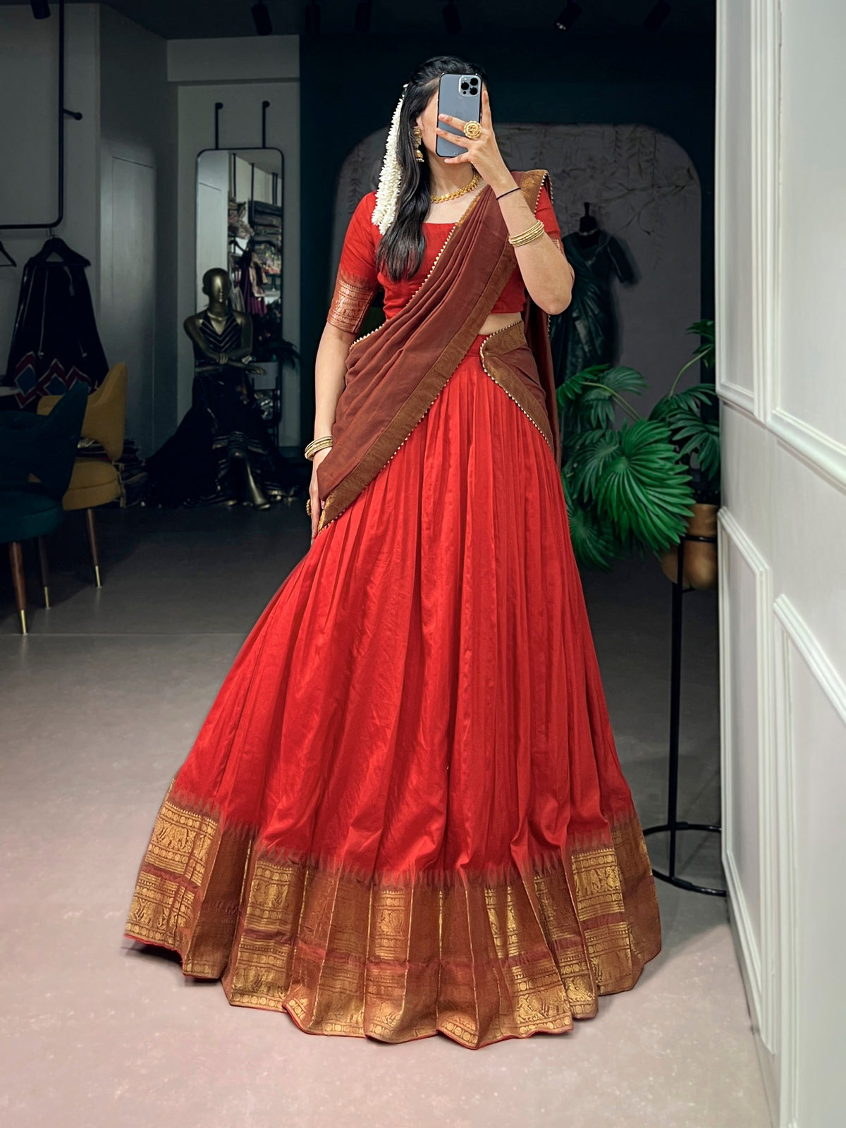 Red & Chestnut Brown Poly Cotton Lehenga Choli With Zari Woven Border & Canvas Attached