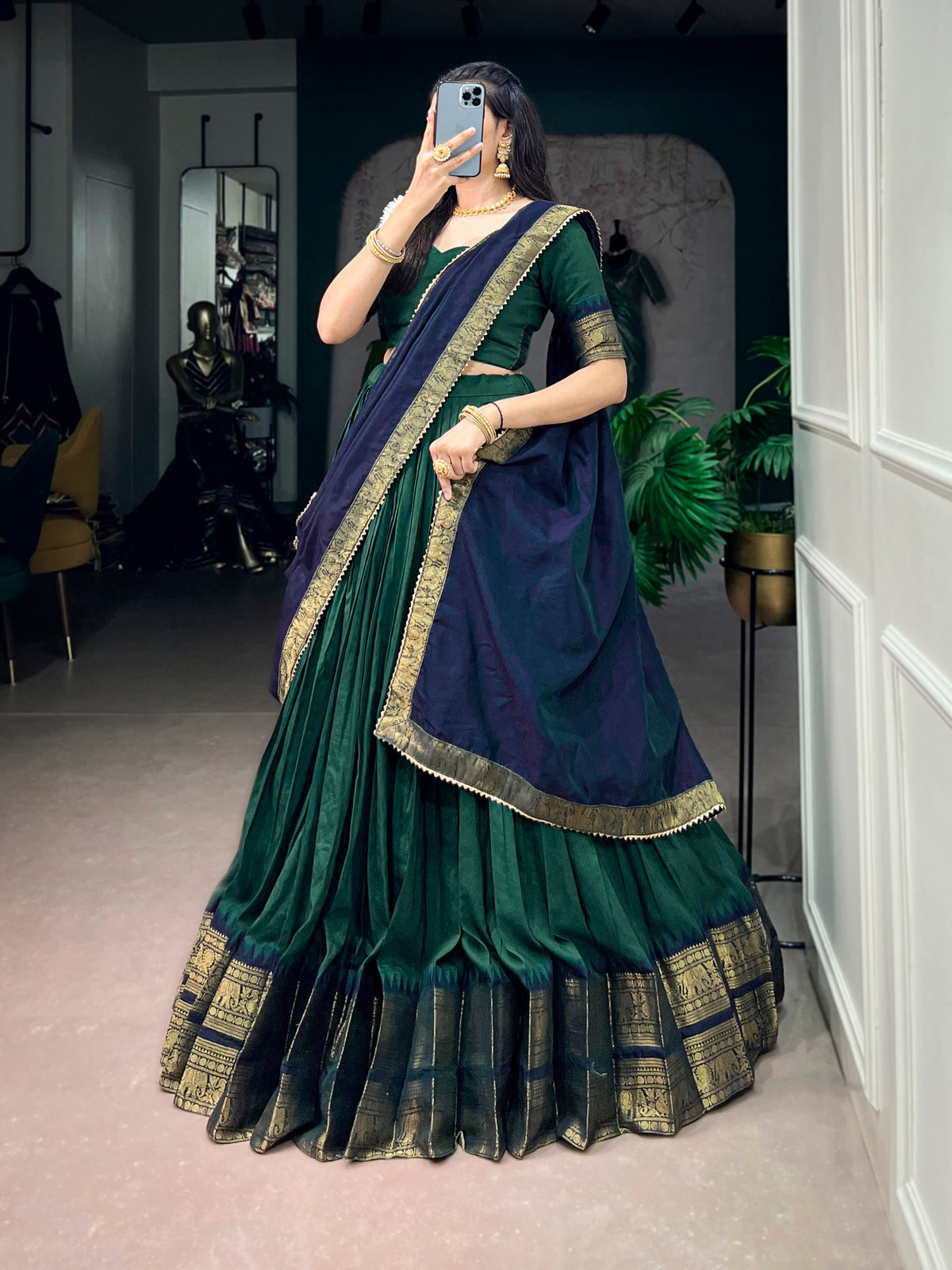 Dark Green & Royal Blue Poly Cotton Lehenga Choli With Zari Woven Border & Canvas Attached