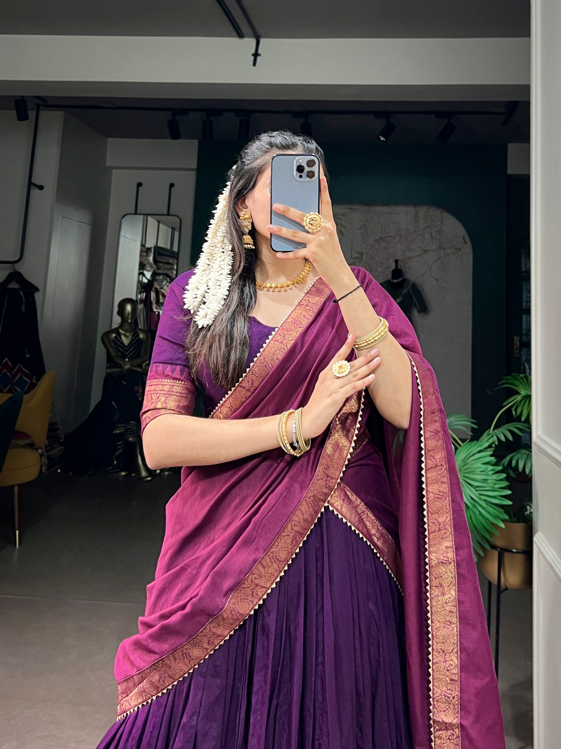Purple & Magenta Poly Cotton Lehenga Choli With Zari Woven Border & Canvas Attached